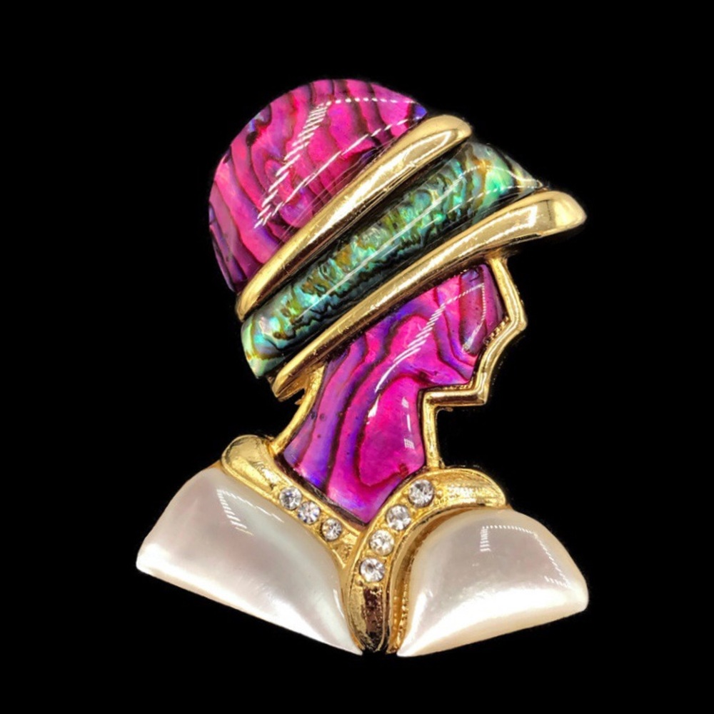 DT Vintage Woman Lady Flapper Pink Green Gold Tone Brooch Pin Rhinestones